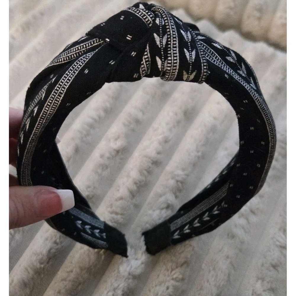Boho Black Knotted Headband Wide Top Knot Bandana Hair Accessory Leaf Pattern